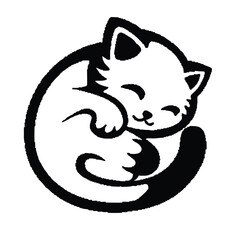 Monochrome cat illustration shows a kitten curled up with a contented, sleeping expression