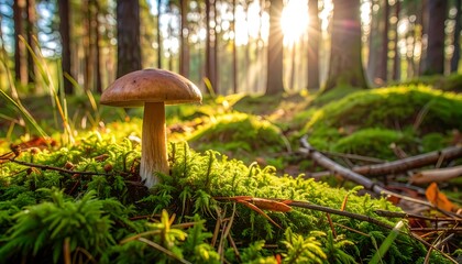 Mushroom in a sunlit forest floor