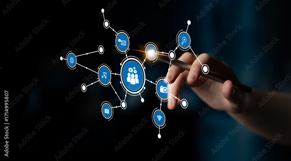 Poster a hand reaches towards a network of digital icons representing social media and communication, highl