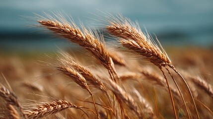Golden wheat ears swaying gently in the breeze under a blue sky.