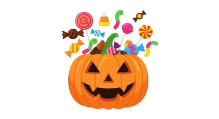 Halloween Pumpkin Filled with Colorful Candy and Treats.