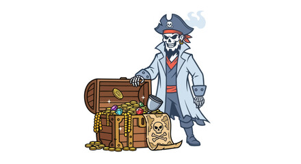 Cartoon Pirate Skeleton with Treasure Chest and Map.