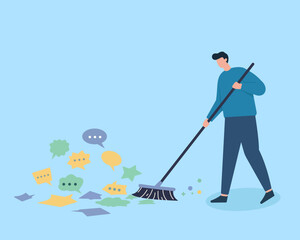 A person sweeps digital clutter—chat bubbles and symbols—symbolizing online moderation, content cleanup, or digital detox.