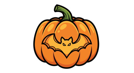 Spooky Halloween Pumpkin with Bat Carving and Green Stem.