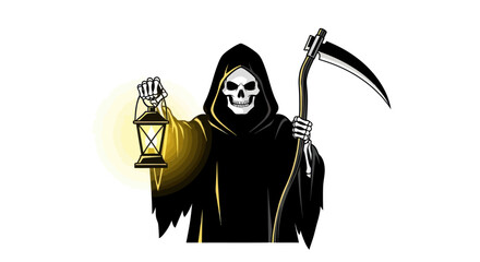 Grim Reaper holding scythe and glowing lantern symbolizing death. © Leo