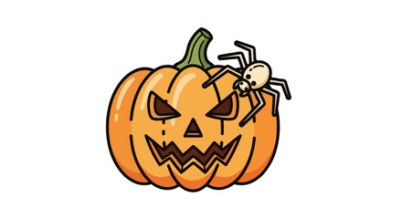 Cartoon Halloween Pumpkin with Scary Face and Spider.
