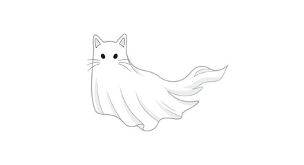 Cute Cartoon Cat Wearing Simple Ghost Costume Line Art.