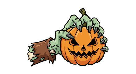 Spooky green zombie hand holding a carved Halloween pumpkin.