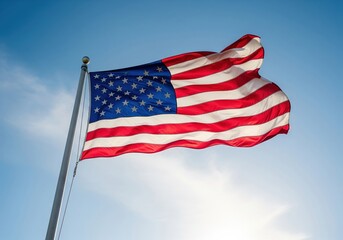 Obraz premium American Flag Waving Proudly Under a Clear Blue Sky