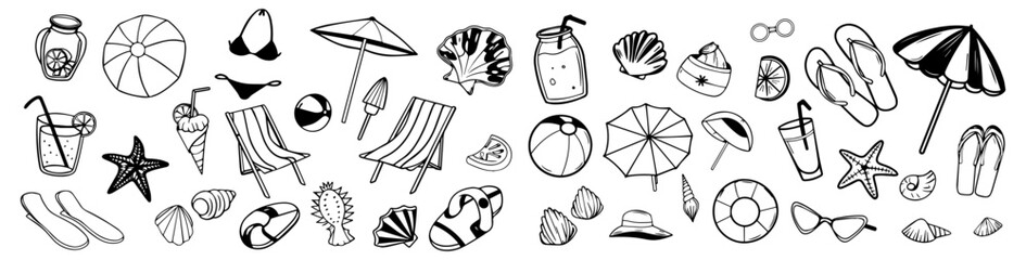 Hand-drawn Collection of Summer Vacation Essentials. This black and white graphic features a collection of hand-drawn illustrations representing summer vacation items.