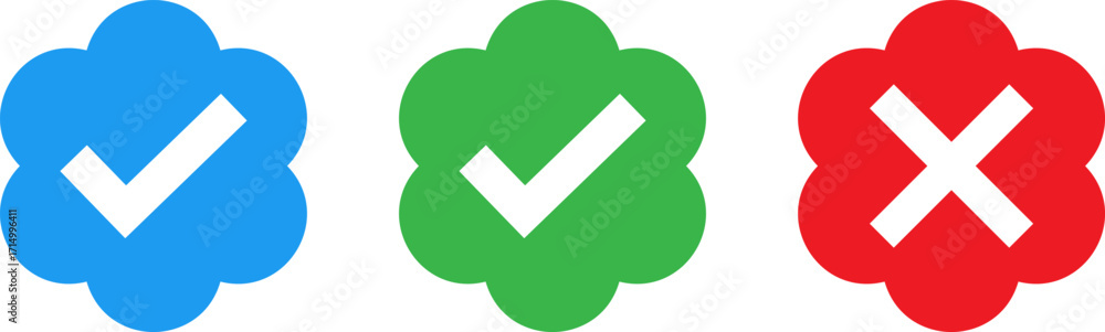 Poster three colorful icons representing a checkmark and a cross