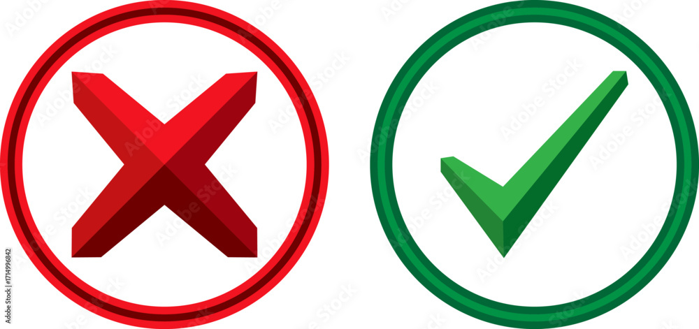 Poster red x and green check mark symbols of incorrect and correct choices