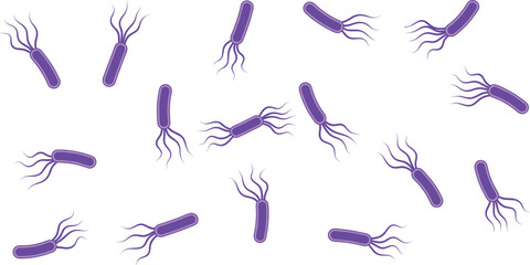 Purple bacteria illustration, rod-shaped microbes, flagella movement concept, microbiology vector, scientific drawing, infection study, white background
