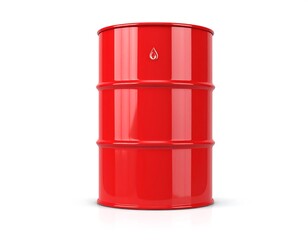 A vibrant, glossy red barrel stands against a white background, showcasing a simple design and clear oil industry branding.