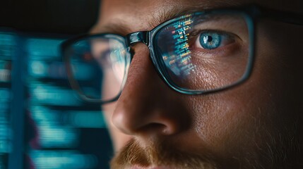 Intense programmer's blue eyes reflecting complex code on glasses screen, deep focus on data analysis
