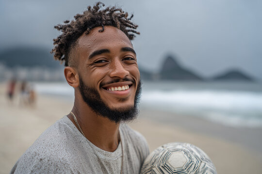 Young man smiles while holding a soccer ball on a beach near the ocean during a cloudy day Generative AI