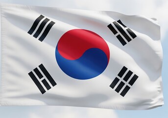 Waving national flag of South Korea, the Taegeukgi, a symbol of sovereignty and cultural heritage against a bright sky
