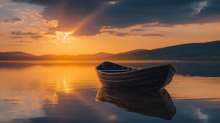 A lone wooden rowboat floating on a calm lake at sunset, casting a dark silhouette under a glowing sky, symbolizing peace, solitude, and natural beauty.