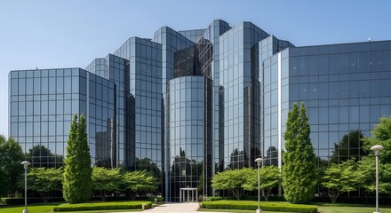 A large corporate office building with a complex glass facade