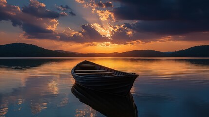 A lone wooden rowboat floating on a calm lake at sunset, casting a dark silhouette under a glowing sky, symbolizing peace, solitude, and natural beauty.
