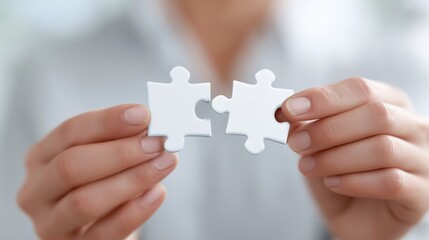 Close up of hands holding puzzle pieces symbol of teamwork collaboration and business success.