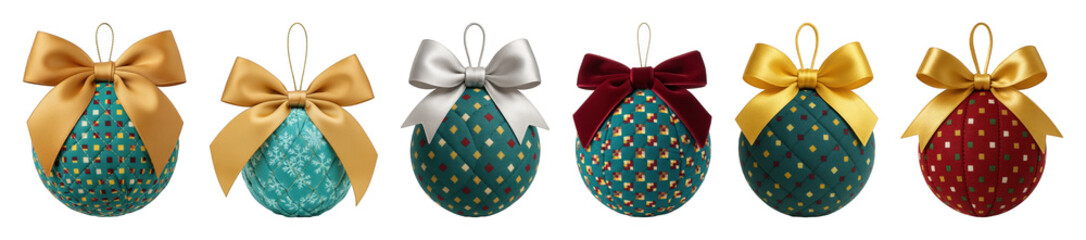 Quilted fabric Christmas ornament set including teal, red, snowflake, and patterned designs isolated. Festive holiday decor collection.