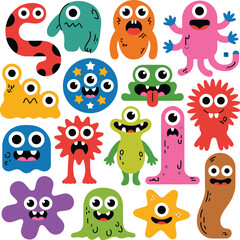 Cartoon monster set, colorful fantasy creatures, cute alien designs, kids illustration, whimsical characters, isolated white background, vector art