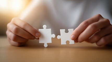 Hands connecting puzzle pieces symbol of unity teamwork and business collaboration.
