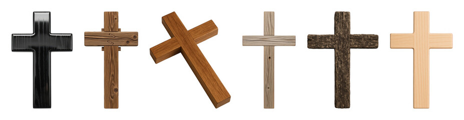 Christian cross set including rustic, weathered, smooth, natural wood, and black designs isolated. Religious symbolism and faith.