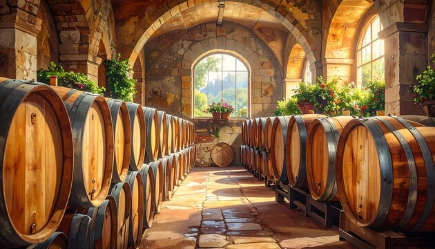 A sun-drenched wine cellar, showcasing numerous wooden barrels, bathed in warm golden light, creating a serene and inviting ambiance.