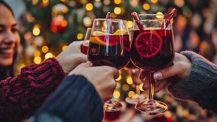 Enjoy a cozy glass of festive mulled wine amid joyful holiday spirit and twinkling lights all around - Powered by Adobe