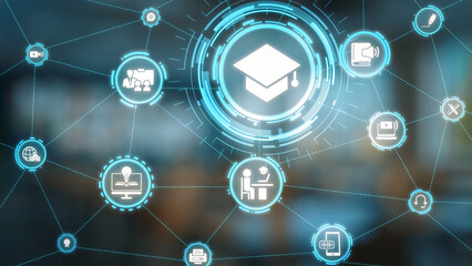 Online education icons show e-learning, online education classes, and digital study. Online education enables global online education access, flexible learning. Gist