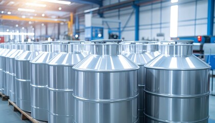 Rows of polished metal containers in a large factory