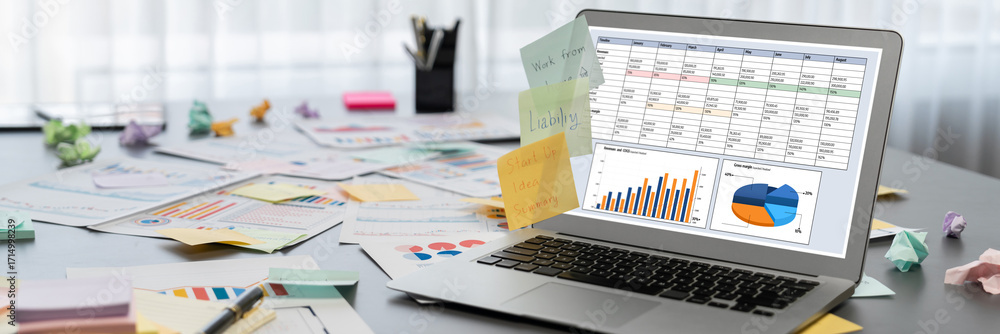 Poster sticky note for creative and analytic brainstorm for business idea with bi data dashboard on laptop 