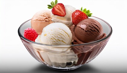 Ice Cream Sundae In A Glass Bowl With Scoops Of Vanilla Chocolate And Strawberry Ice Cream Isolated On Transparent Background