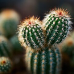 Close-Up View of Two Green Cacti with Furry Spines Captured in a Natural Desert Environment
