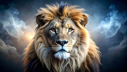 Naklejka premium Majestic Male Lion Portrait: Golden Mane, Smoky Background