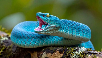 A vibrant blue venomous pit viper, with striking scales, is coiled around a branch, displaying a menacing posture.