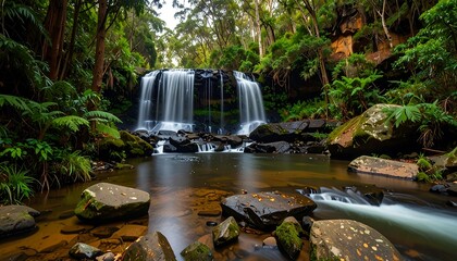 Waterfall cascading into a tranquil pool in a lush forest