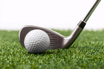 Golf club ready to swing at white ball resting on green grass surface in bright light Generative AI