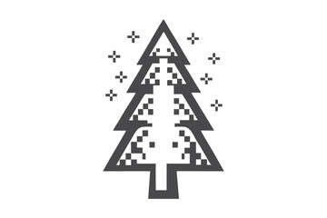 Obraz premium Pixelated fir tree surrounded by cross shaped snow flakes is illustrated in monochrome