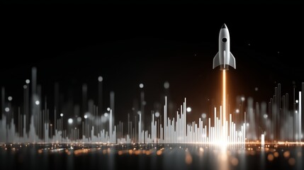 Stylized Rocket Launching with Bright Exhaust Over Futuristic Cityscape Representing Technological Breakthrough, Data Expansion and Symbolic Progress Toward Conceptual Elevation