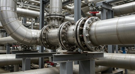 A complex network of industrial metal pipes, flanges, and valves in a modern factory setting.Concept of industrial plumbing and fluid engineering.
