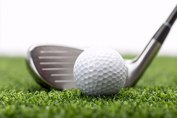 Close view of a golf ball and club resting on lush green grass at a golf course during daylight Generative AI