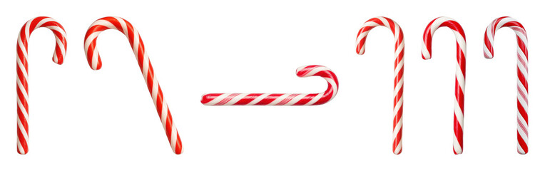 Red and white striped candy cane set including whole and broken pieces isolated. Holiday sweets and Christmas decoration.
