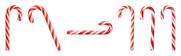 Red and white striped candy cane set including whole and broken pieces isolated. Holiday sweets and Christmas decoration.