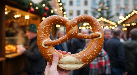 Hand holding giant pretzel at festive winter market with lights  