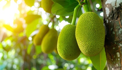 Lush green jackfruit hanging from branches
