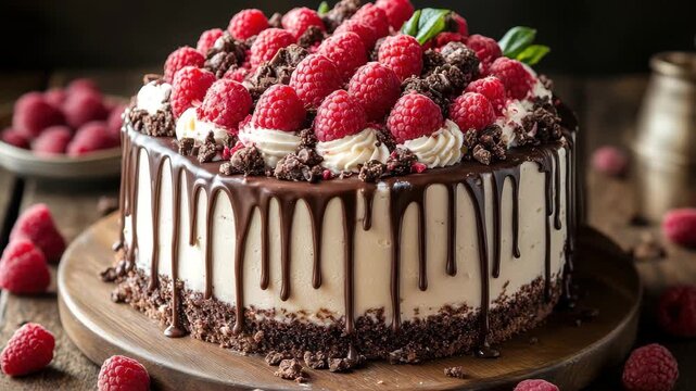 Delicious chocolate raspberry cake topped with fresh berries and chocolate drizzle on a wooden board