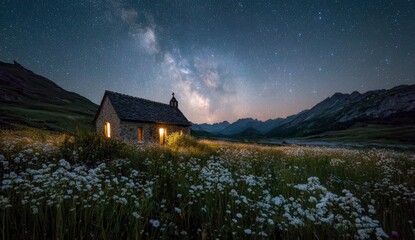 Stone Chapel, Milky Way, Night Sky, Meadow